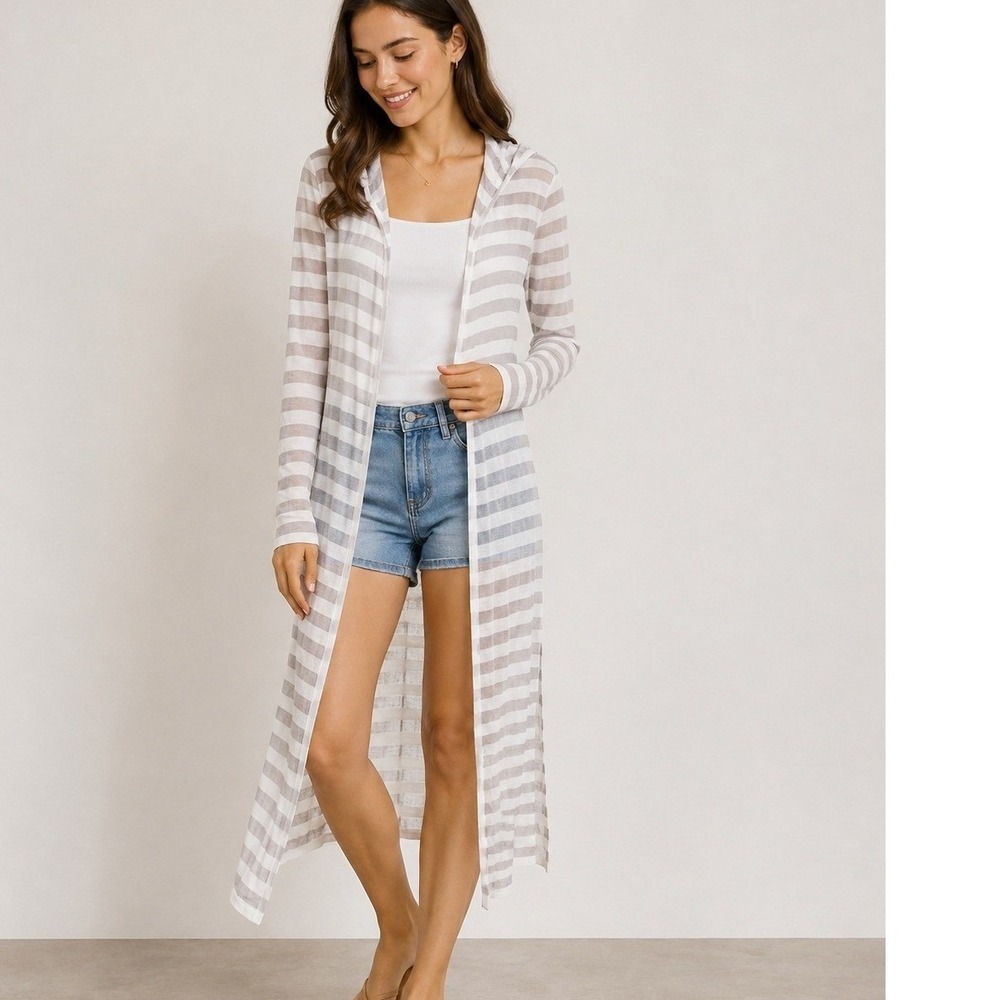 Garnet Hill Duster Cardigan Womens XS Grey Striped Linen Cotton Hooded Longline